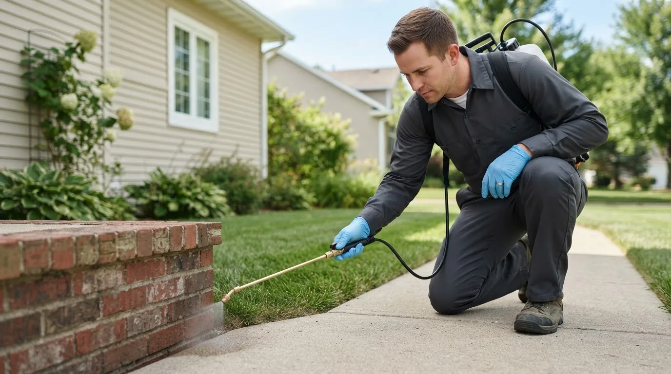 Pest control technician treating a home near Saint Bernice, IN